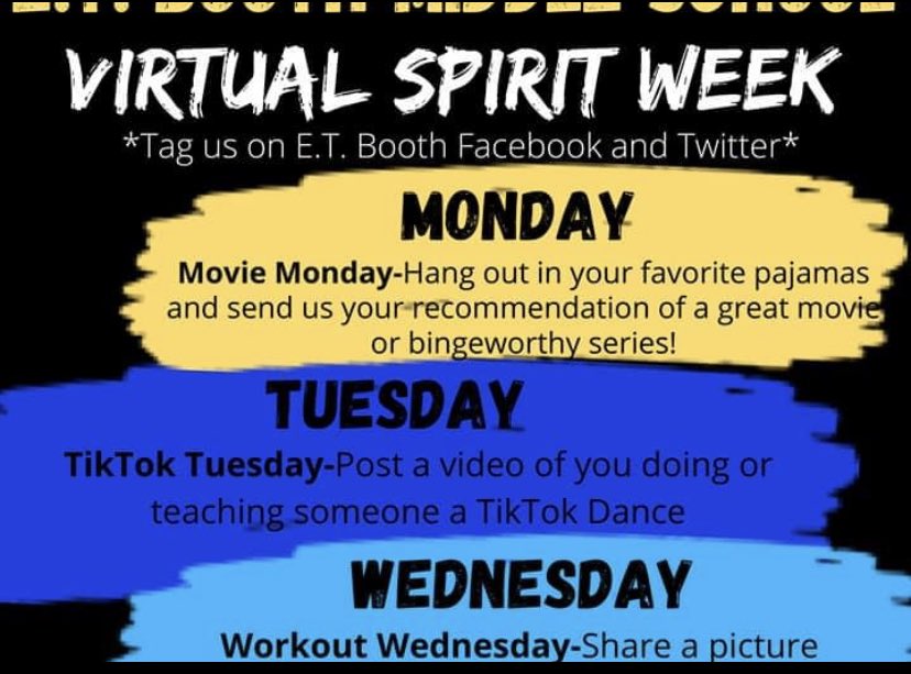 Ginger_K_Morgan's tweet photo. ⁦@ETBoothMS⁩ Virtual Spirit Week! Today is Workout 🏋️‍♀️ Wednesday! Get throes running shoes on! https://t.co/8EmukuSATt