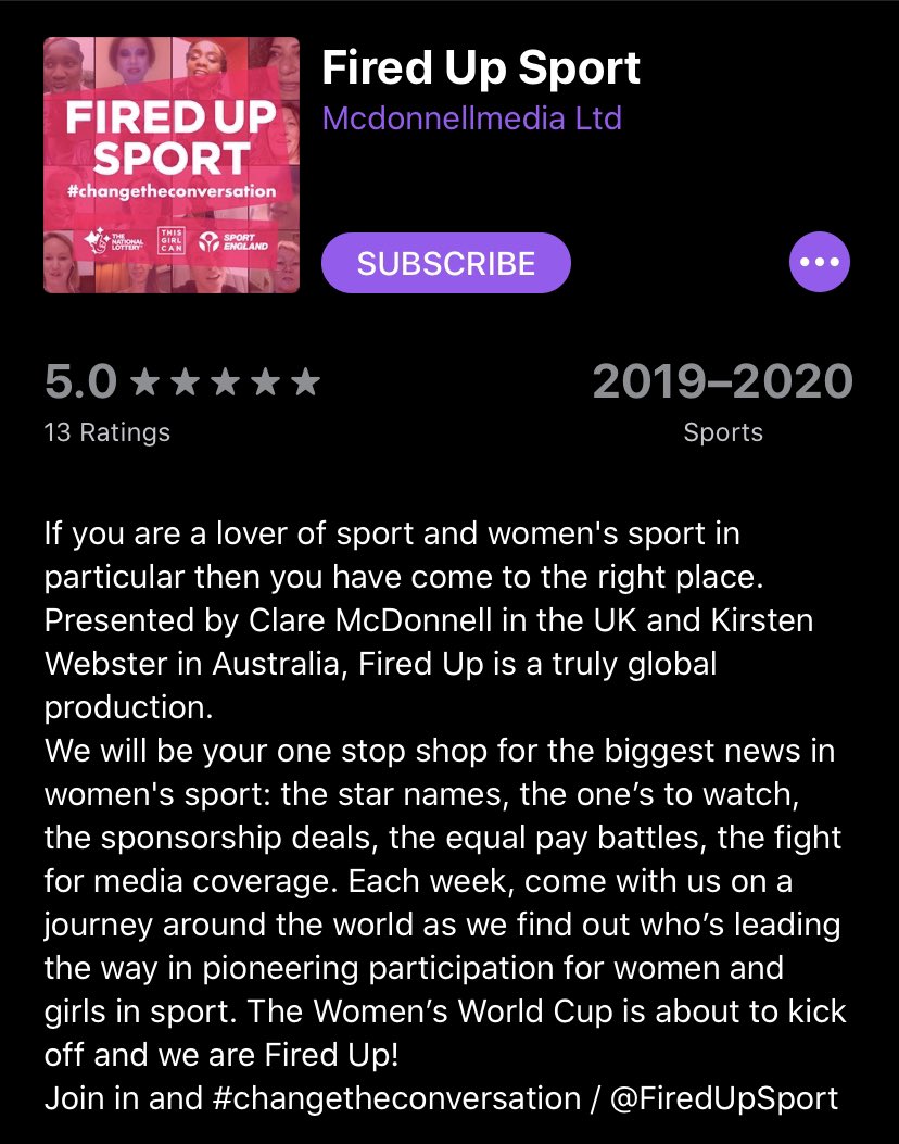 Women’s Sports Podcasts:Throughout this lockdown I have found it hard to find many podcasts that have focused on female sports/athletes, although  @FiredUpSport covers many stories from the world of female sport and gives great insight to some interesting characters