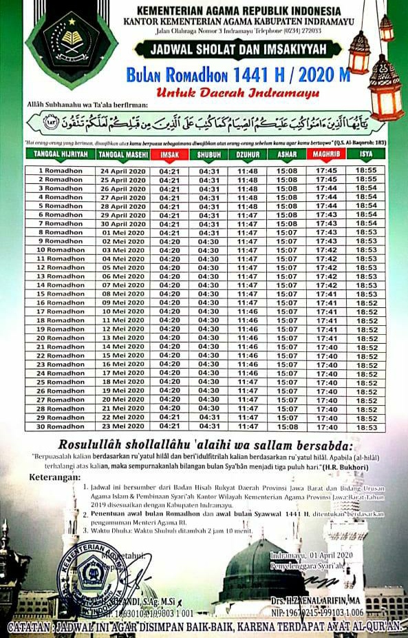 kec_sindang's tweet photo. RT @InfoJatibarang: Jadwal Sholat &amp; Imsakiyah Bulan Romadhon 1441 H/2020 M.
Untuk Daerah Kab. Indramayu.

@kotaindramayu 
@desakertanegara 
@WongHaurgeulis 
@kec_sindang https://t.co/yJLVmOXFLo