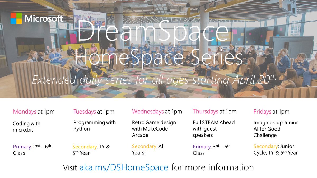 MS_eduIRL's tweet photo. 🗣️ We're delighted to announce we are extending our HomeSpace series to daily lessons at 1pm from Monday April 20 with added Python Programming, Imagine Cup AI Project &amp; Maker Challenges. Stay tuned here &amp; at https://t.co/Ob64287uJv for all info #EdShareIE #MicrosoftEdu 🌟 😀 https://t.co/4qu84TCLd8
