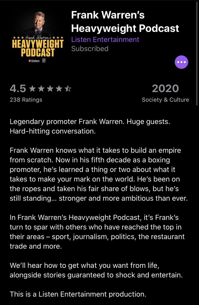 World of Sport Podcasts: @EddieHearn - interviewing stars from the sporting/entertainment world.  @frankwarren_tv - also interviewing huge stars, but covering sports, journalists, politics and more