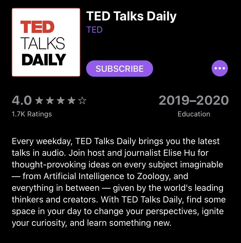 Ted Talks:Some great content found on  @TEDTalks - definitely worth going through their archives and finding relevant or random listens  #TedTalk