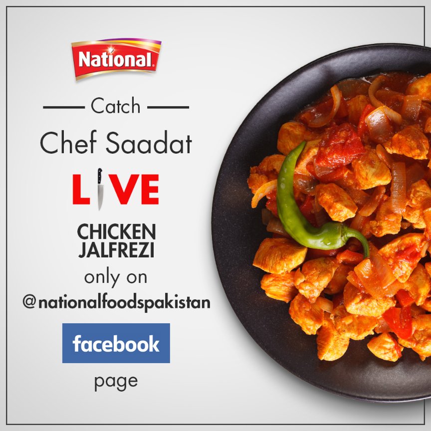 NationalFoodLtd's tweet photo. Learn some helpful tips and tricks to make the perfect Chicken Jalfrezi LIVE today, only with Chef Saadat. 

#CookFromHome #QuarantineAndCook #CookWithNational  #NayeZaiqayHarRoz https://t.co/ASc45DCul9