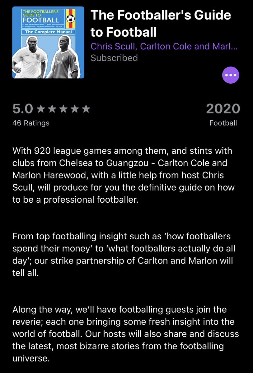 Ex Footballer Stories Podcasts: @PeterCrouchPod - explaining the life of a premier league footballer. The Footballers Guide by  @CarltonCole1 and  @Mazer_9 for some hilarious stories from their past.  @SportsJOE_UK features a number of ex pros telling their stories  #football