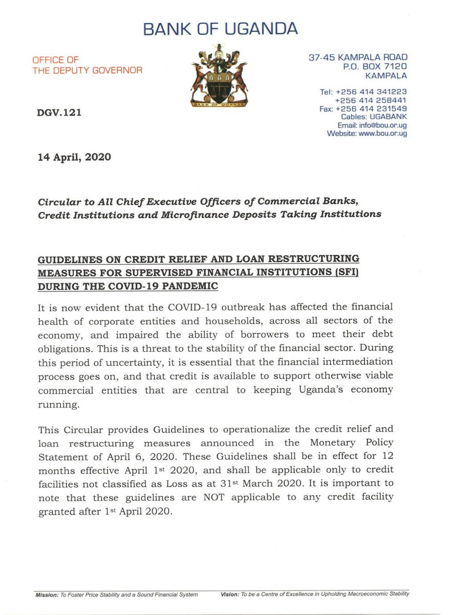alpeastafrica's tweet photo. #COVID19UG @BankofUganda issues Guidelines on Credit Relief and Loan Restructuring Measures for SFIs during the COVID19 Pandemic. The measures operationalise the April Monetary Policy Statement. #TimelyInterventions @FGimara @amolhanningtone @alpeastafrica @nbstv @CanaryMugume https://t.co/d6R1RHhsoi