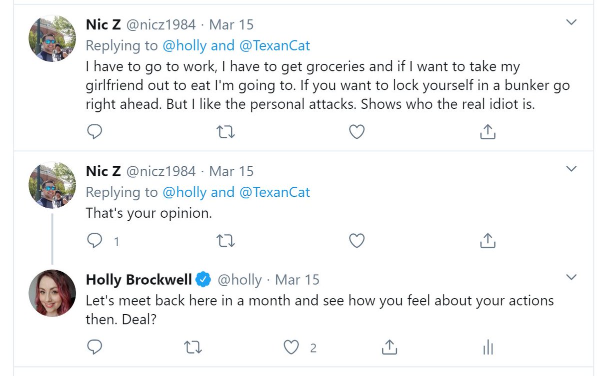 Hello  @nicz1984! Remember a month ago today when we said we'd meet back here after a month and reassess your decision to "show all of you not to be so paranoid" about coronavirus? And to go to dinner with your GF? And to say "don't be a filth monster & you'll be just fine"?