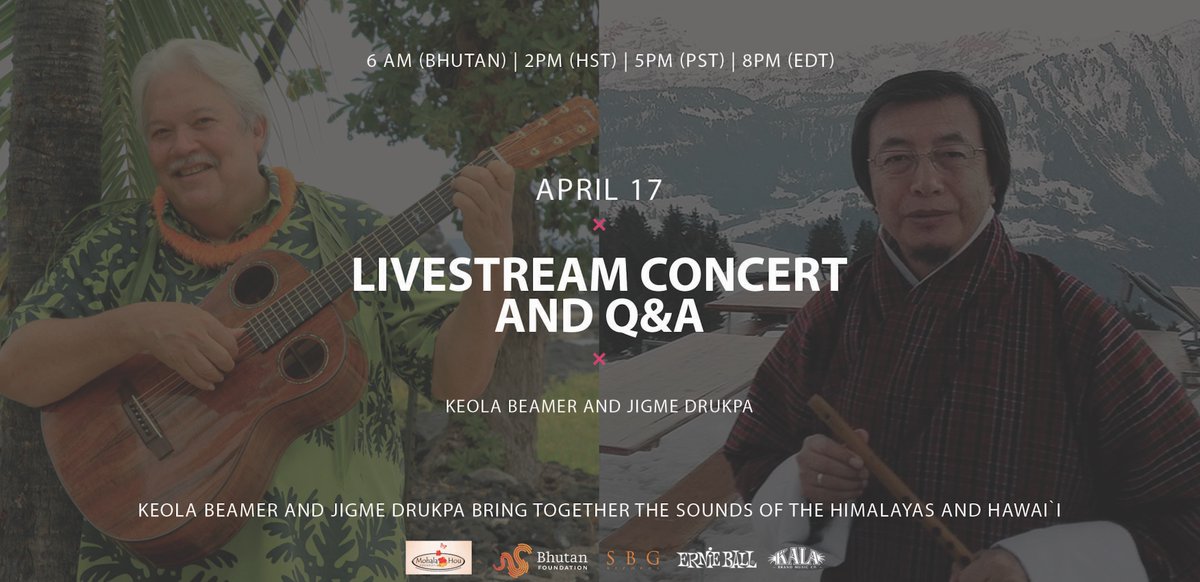 BhutanFdn's tweet photo. Hawaii meets Bhutan this Friday!

Join us for a free #concert and Q&amp;A with legendary musicians from #Hawaii and #Bhutan! Keola Beamer and Jigme Drukpa will go live this Friday, April 17th at 6 am Bhutan; 8 pm EST.

Link to performance: https://t.co/wb4AuBRmpI https://t.co/vpS7HRX69C