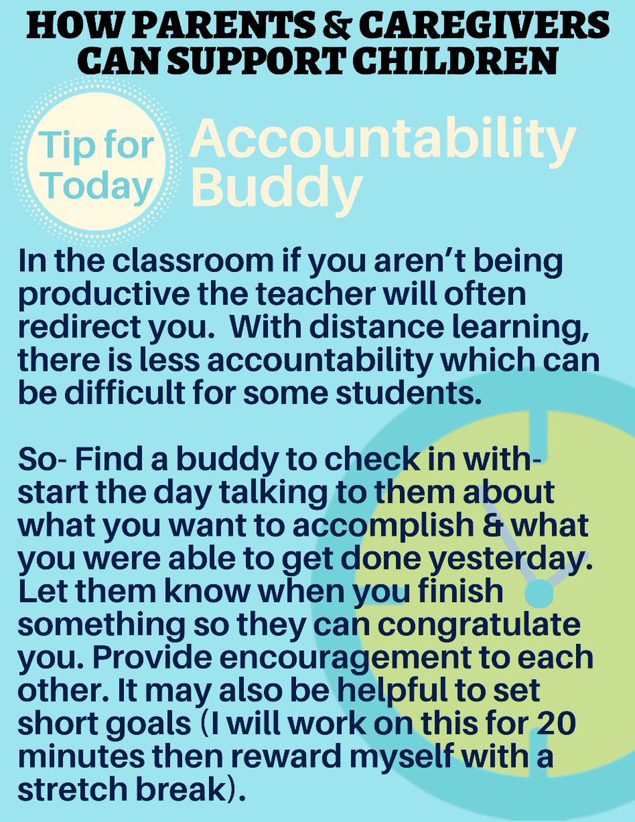 #tipfortoday Even adults benefit from having an accountability partner for working out, staying focused, etc. Have your child find a friend to check in with. They can create goals together and cheer each other on to the finish line!#accountability #distancelearning <a href="/fcpsnews/">Fairfax Schools 🌟</a>