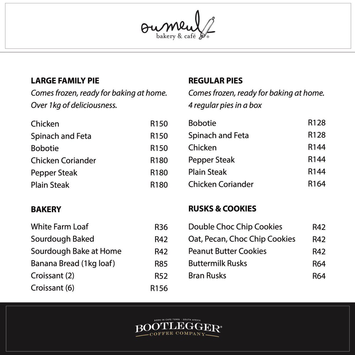 BootleggerCC's tweet photo. We have joined forces with @oumeulbakkery to bring you freshly baked and frozen goods along with our Rainforest Alliance Coffee beans. 
⁣
Please Note:⁣
- Cape Town Only
- Delivery is FREE⁣
- Minimum orders of R250
- Whatsapp on +27781031781⁣
⁣
#bootleggerathome #OumeulBakery https://t.co/m7IBxXvEUz