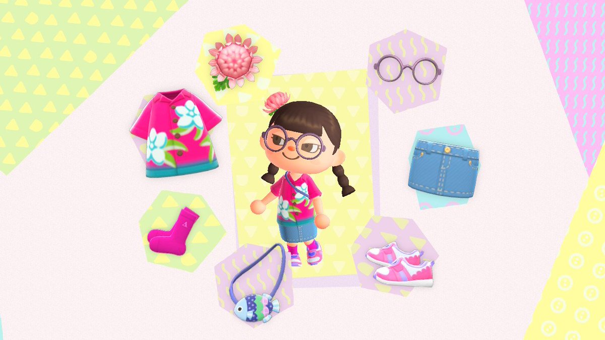 This was close to where I was going yesterday, more laid back. Bold aloha shirt, and I substituted a denim skirt for the planned cutoffs because BAD BRAIN. Labelle socks and cute sneakers on the bottom, pink mum and rimmed glasses up top. Also I think the fish pochette is cute!