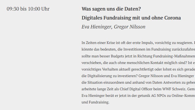 Was sagen uns die Daten?
Digitales Fundraising mit und ohne Corona
Eva Hieninger <a href="/marketing4good_/">Eva Hieninger</a>  Gregor Nilsson <a href="/gregor_nilsson/">Gregor Nilsson</a>