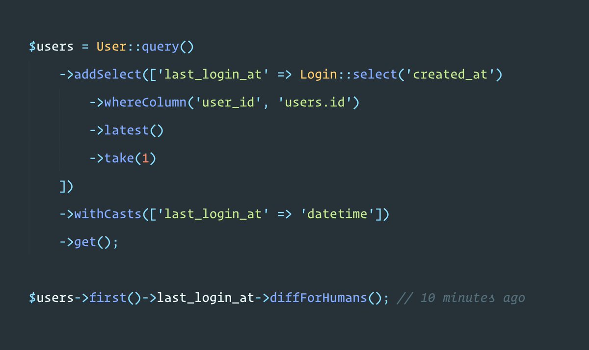 Jonathan Reinink On Twitter One Of My Favorite Laravel 7 Features Is Query Time Casting This Is Super Handy When Using A Subquery To Get Extra Non Model Data Such As A