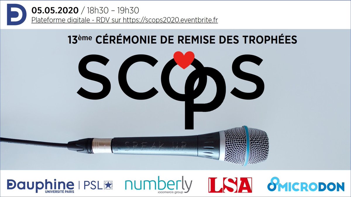 Numberly's tweet photo. Les meilleures #innovations commerciales de 2019 au service des entreprises : connectez-vous le 5 mai à 18h30 en live pour assister à la 13e Cérémonie des Trophées #SCOPS2020 dont @Numberly est partenaire, organisée par le Master @DauphineDRC de @Paris_Dauphine ! https://t.co/647SRMFQRC
