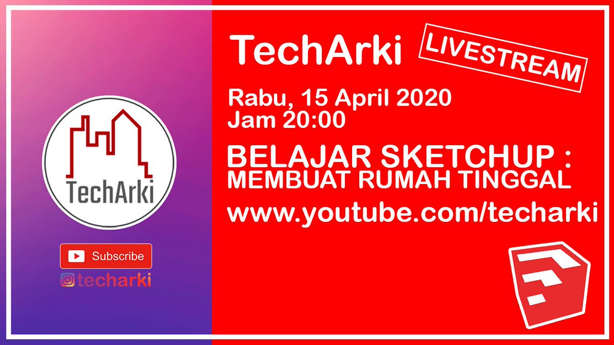 tech_arki's tweet image. Hey guys, hari ini TechArki akan live di Youtube dan Periscope untuk membahas bagaimana caranya membuat rumah dengan menggunakan sketchup.
Kalau kalian tertarik, pastikan tonton live streamnya sebentar lagi!
#belajarsketchup #sketchup #tutorialsketchup #arsitektur #arsitek