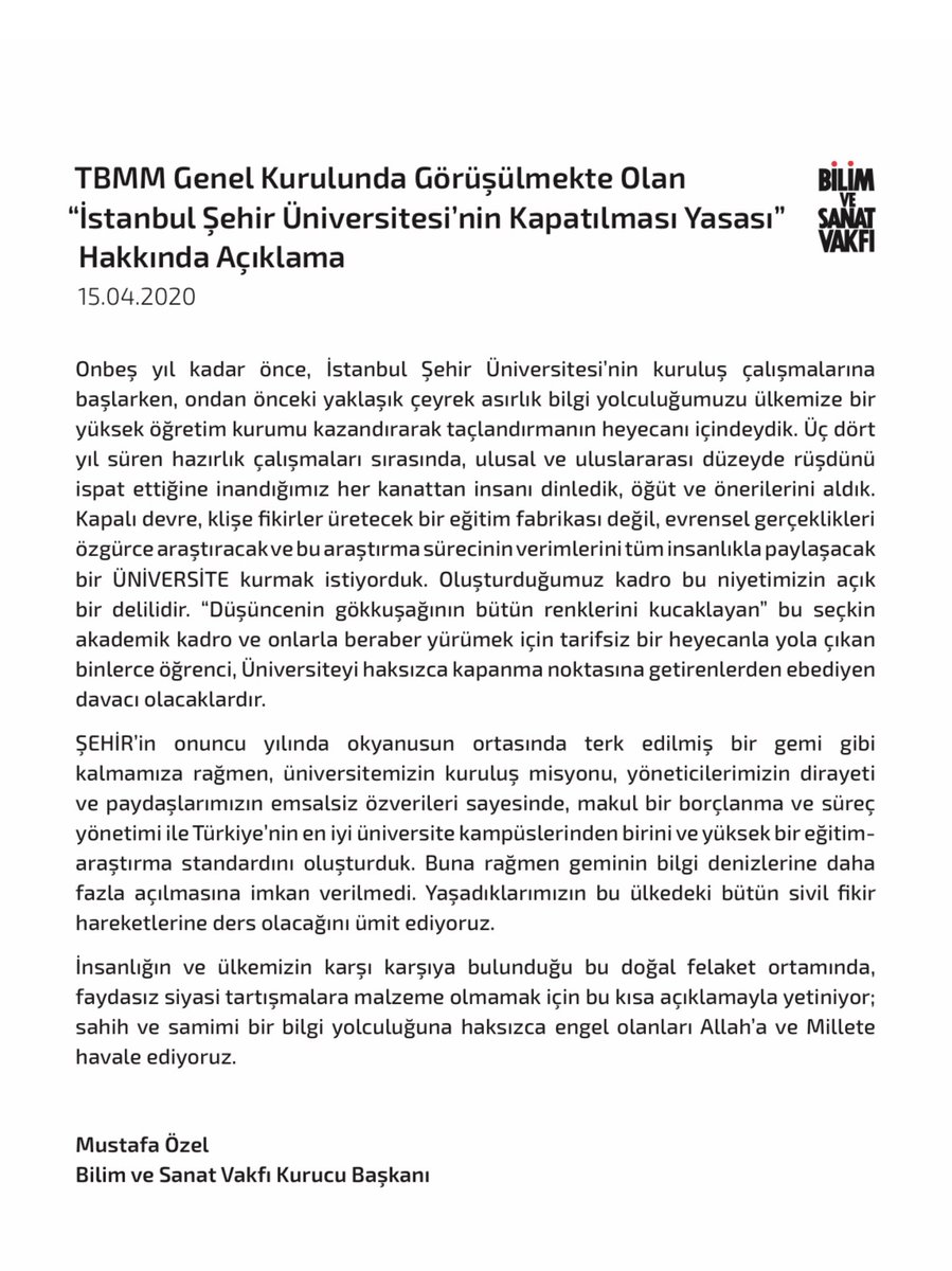 ademozkose's tweet photo. Mustafa Özel abinin Şehir Üniversitesi'nin kapatılmasına yönelik yasa hakkında yaptığı açıklamayı okuyunca inanın içim acıdı. Ben şahsi olarak bu haksızlığı reddediyorum. İnsanlar bugün korktukları için sussalar da tarih bu adaletsizliği mahkum edecektir. https://t.co/IUAtyUFdnb