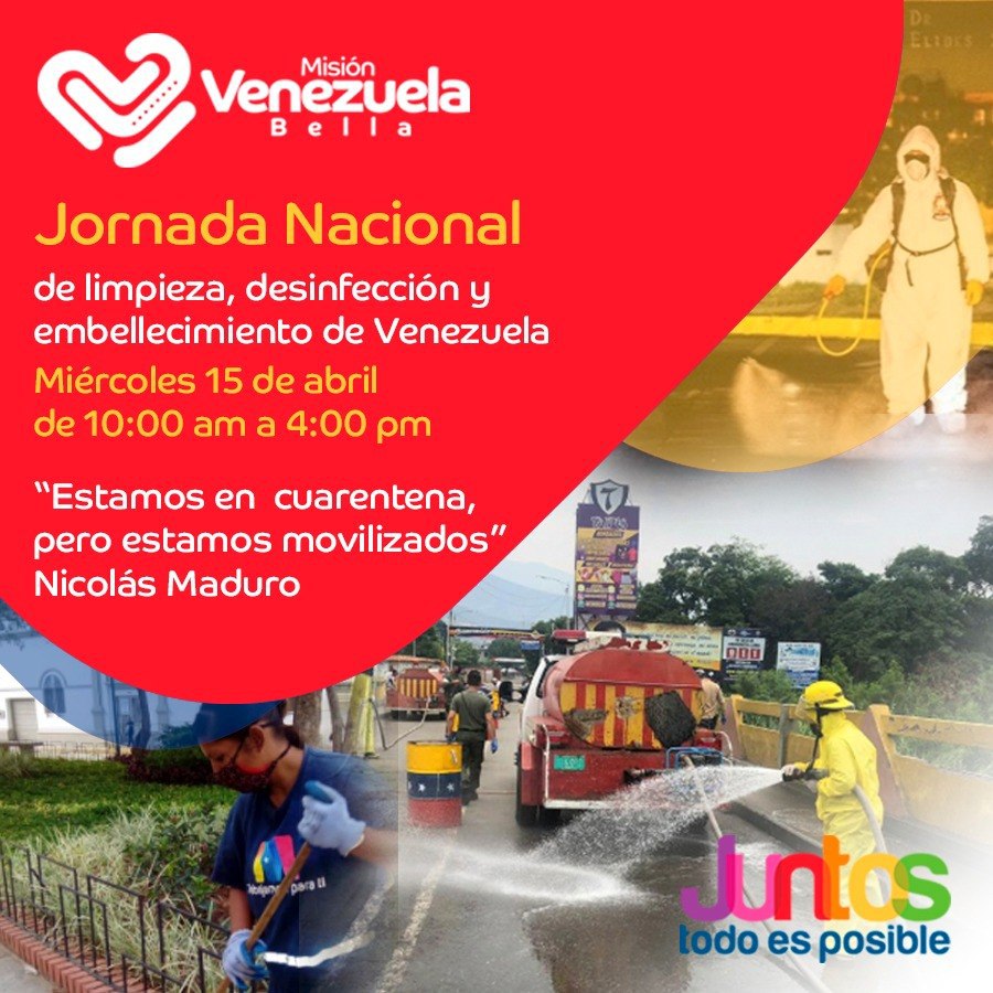 #15Abr |📢 ¡LA ETIQUETA DEL DÍA! ⏩ #VenezuelaBellaEnRevolución

El Gobierno nacional despliega el "Plan Especial de Desinfección" en cada espacio del país. La cuarentena no nos detendrá, seguiremos garantizando la salud al pueblo.