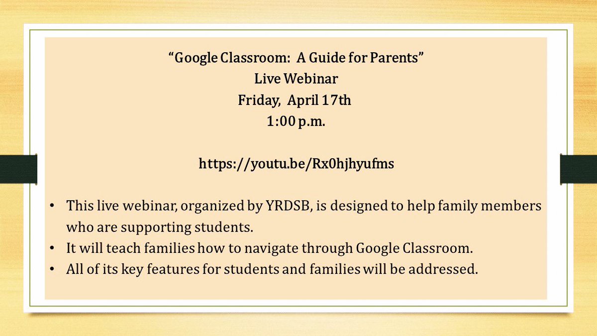 afpsyr's tweet photo. A live webinar is being organized by @EdTechTeamCAN to support parents/guardians with Google Classroom on Friday, April 17th at 1:00 p.m. Please join us as you can.
https://t.co/dhzDATInSE @YRDSB https://t.co/UkSCrDJ66Z