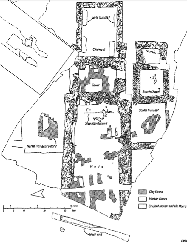 Canterbury, St Gregory's Priory! Founded by Lanfranc, a proper archbishop of Canterbury. Plan on my archaeological OS map, overlay of excavation of the small church as built c.1087 (rebuilt with aisles after a fire in 1145)