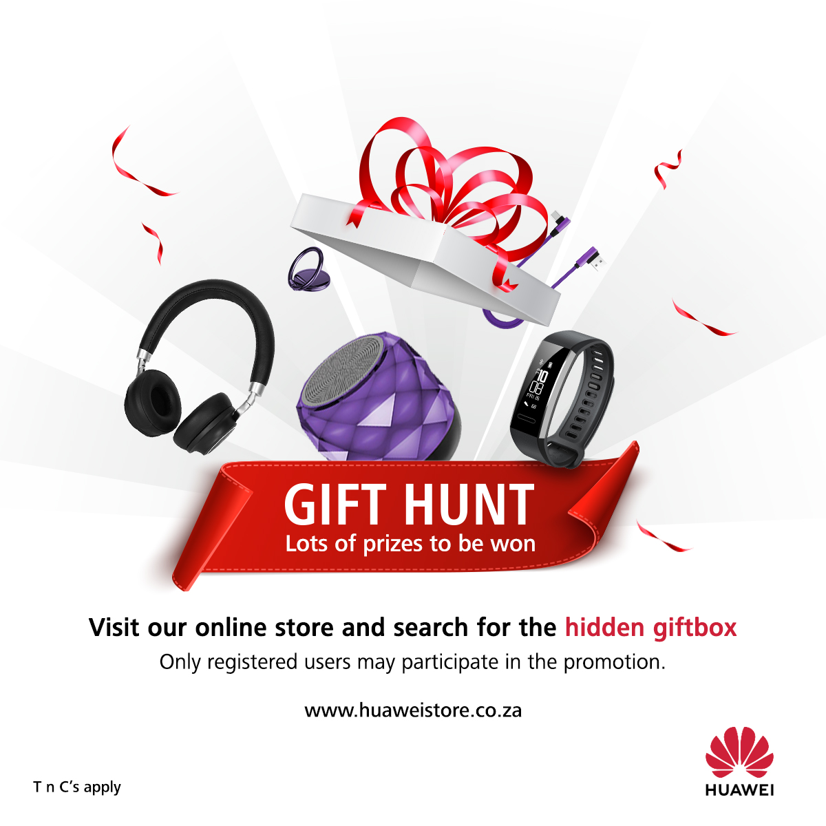 Join the gift hunt! Be one of the first 15 people to (1) find the hidden gift boxes on the huaweistore.co.za website (2) take a screenshot &amp; (3) upload the screenshot in the comments below to stand a chance to win! Only registered users may enter. T&amp;C's apply.