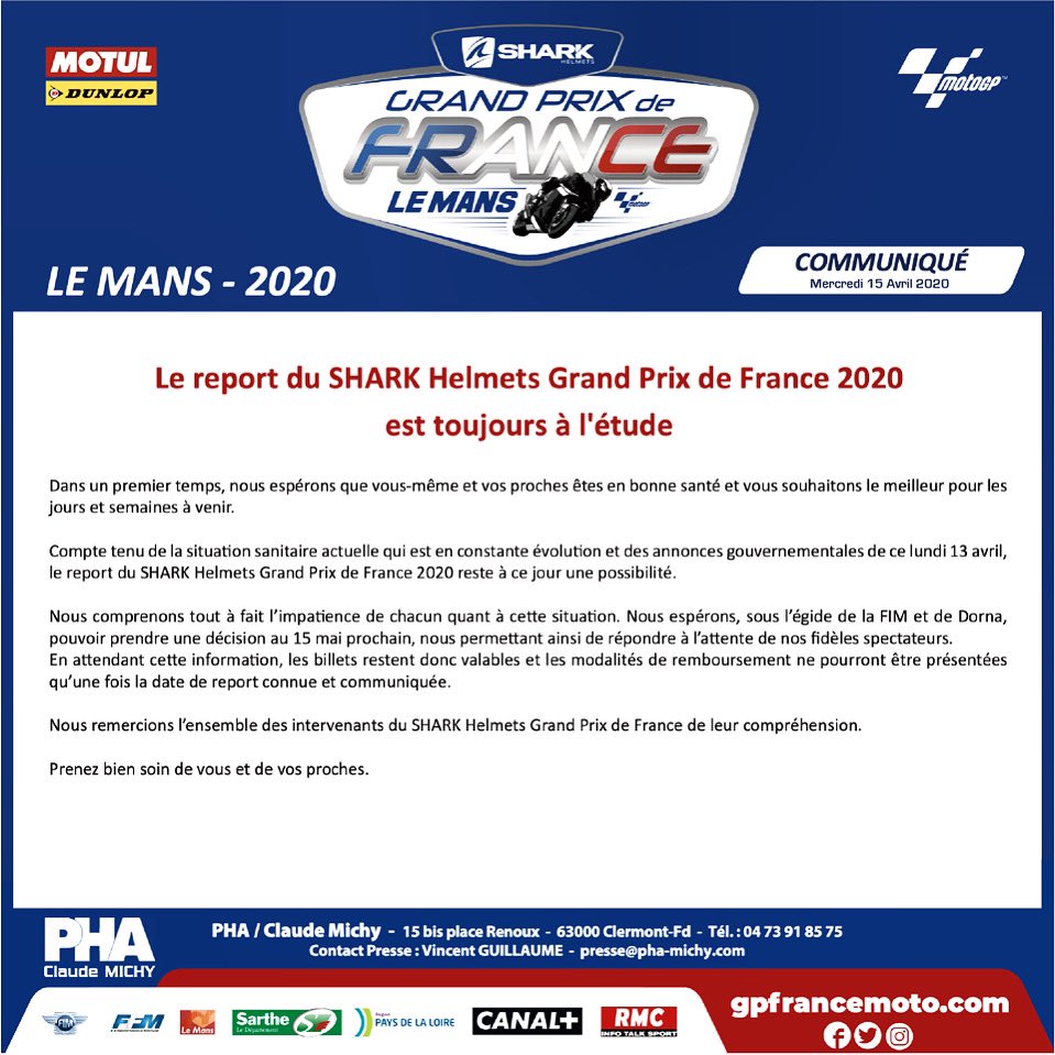 Le report du SHARK Helmets Grand Prix de France 2020 est toujours à l'étude Prenez soin de vous et de vos proches #FrenchGP #MotoGP #RestezChezVous #StayAtHome🏍💨🇫🇷