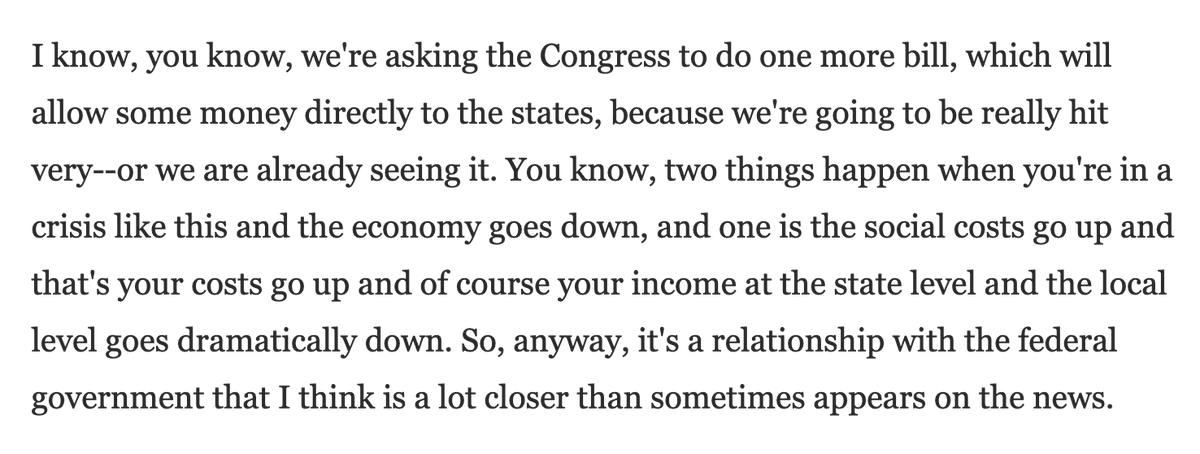 Key takeaways: 1) Three times, DeWine emphasized direct payments to the states, including in response to questions abt something else (eg, payments direct to individuals). That's what Pelosi is fighting for.