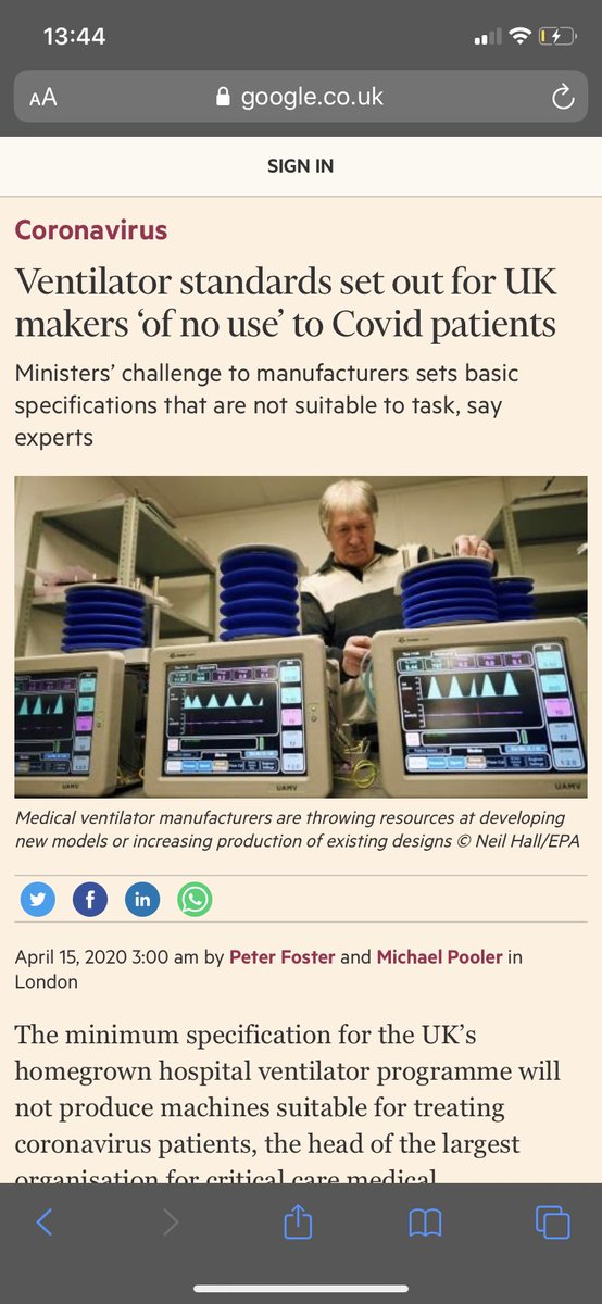Govt gave manufacturers - including  @Dyson - the wrong basic specifications for the ventilators it asked them to make.“If we had been told that the ventilators were only to treat a patient for a few hours we’d have said: ‘Don’t bother, you’re wasting your time’.”  @AlisonPittard