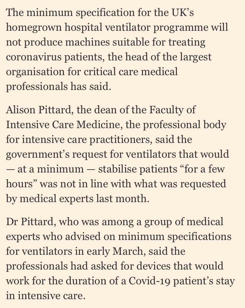 Govt gave manufacturers - including  @Dyson - the wrong basic specifications for the ventilators it asked them to make.“If we had been told that the ventilators were only to treat a patient for a few hours we’d have said: ‘Don’t bother, you’re wasting your time’.”  @AlisonPittard