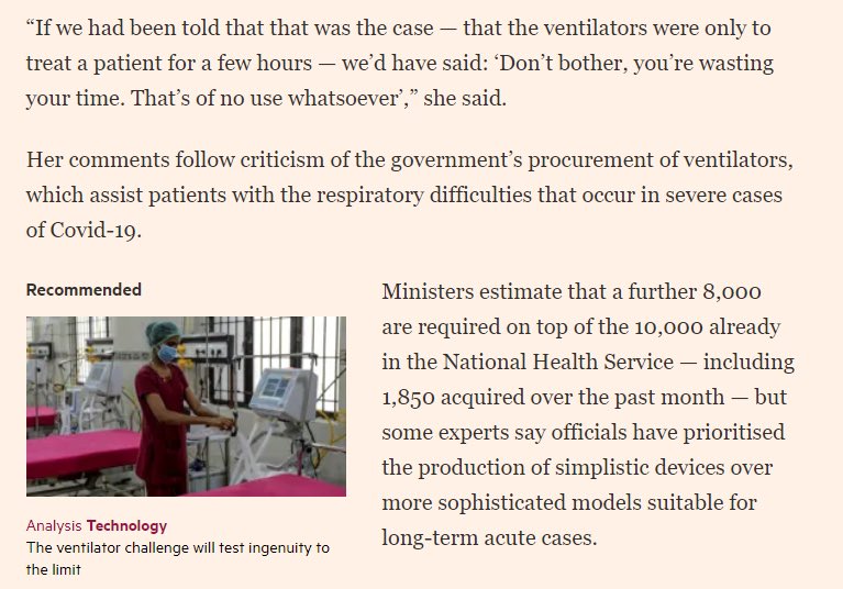 Govt gave manufacturers - including  @Dyson - the wrong basic specifications for the ventilators it asked them to make.“If we had been told that the ventilators were only to treat a patient for a few hours we’d have said: ‘Don’t bother, you’re wasting your time’.”  @AlisonPittard