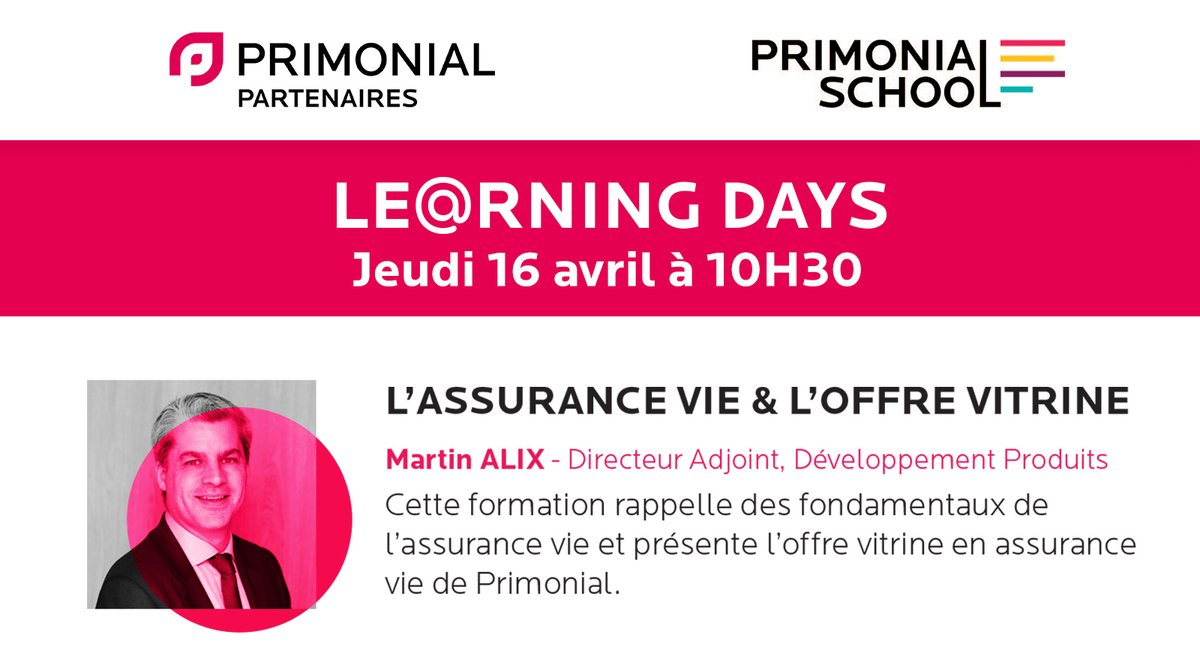 [#LearningDays] #CGP retrouvez demain à 10h30 Martin Alix, Directeur Adjoint, Développement Produit <a href="/Primonial/">Primonial</a> pour une #formation sur « L’Assurance Vie &amp; L’offre vitrine ».
Retrouvez toutes nos formations ici > bit.ly/3cdzmNP 
Inscriptions ici > bit.ly/2UYuxC4