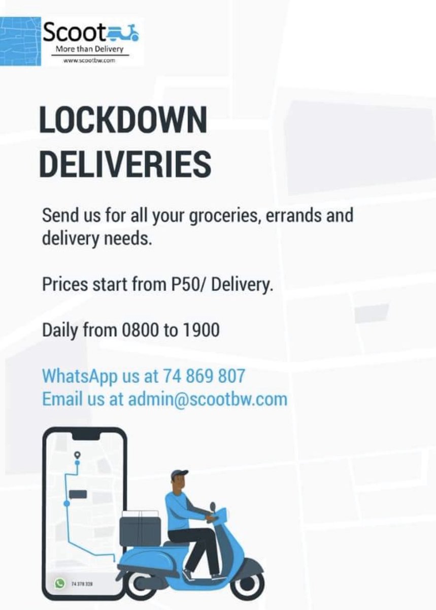 Also during these covid-19 times check out scootbw , they do grocery pickups and deliveries from pick n pay, woolies on your behalf , their fees start at P50, call 74 869 807