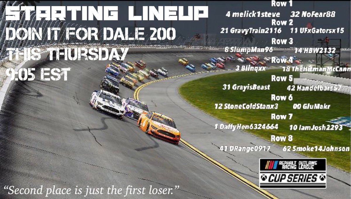AsphaltOutlawRL's tweet photo. The starting lineup for tomorrow’s Doin’ It For Dale 200 @ Daytona! @SteveMelick will be starting on the pole after winning the Cup Series Easter Sunday Showdown Qualifying Race! JOIN US AT 9:05 TOMORROW NIGHT ON MIXER! #AORL #eNASCARHeat https://t.co/aNzlVJPSlI