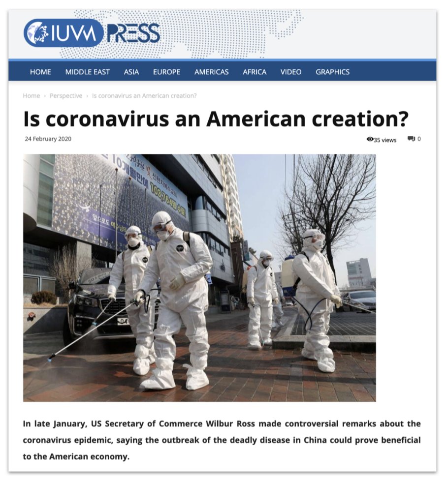 IUVM is based on websites, so they have the infrastructure to keep on trying.They came to coronavirus relatively late - end of February - but when they did, there were a few core narratives. 1) Blame America. Surprised?