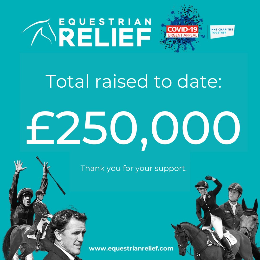 𝗘𝗾𝘂𝗲𝘀𝘁𝗿𝗶𝗮𝗻 𝗥𝗲𝗹𝗶𝗲𝗳 𝗿𝗮𝗶𝘀𝗲𝘀 £𝟮𝟱𝟬,𝟬𝟬𝟬 𝗳𝗼𝗿 𝘁𝗵𝗲 𝗡𝗛𝗦 𝗖𝗢𝗩𝗜𝗗-𝟭𝟵 𝗔𝗽𝗽𝗲𝗮𝗹 | We have beaten our £100,000 target and raised a HUGE £𝟮𝟱𝟬,𝟬𝟬𝟬 for <a href="/NHSCharities/">NHS Charities Together 💙</a> Remember, there is still time to donate! #EquestrianRelief