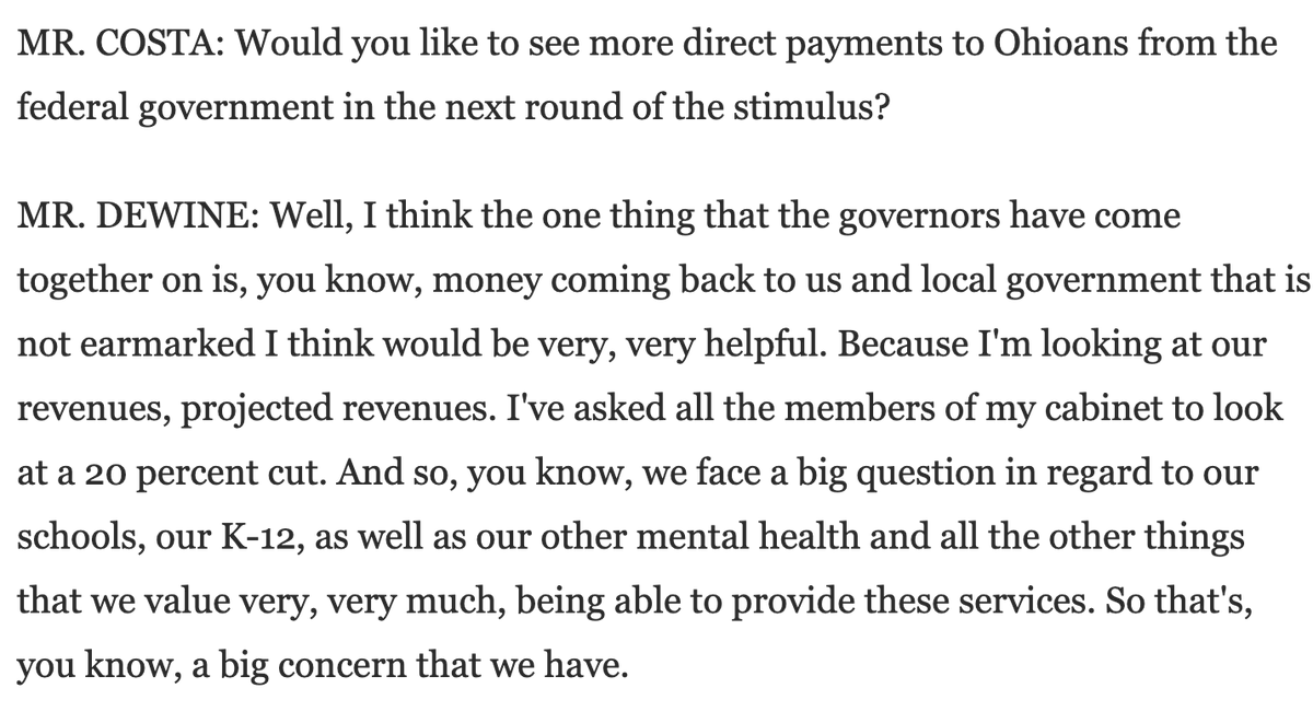 Key takeaways: 1) Three times, DeWine emphasized direct payments to the states, including in response to questions abt something else (eg, payments direct to individuals). That's what Pelosi is fighting for.