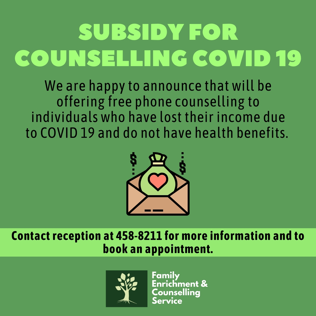 We are happy to announce that we are offering free counselling to those struggling with anxiety. You are eligible for this subsidy if you lost your income due to COVID19 and don’t have a health plan. Please call reception at 458-8211 for more info and to book an appointment.