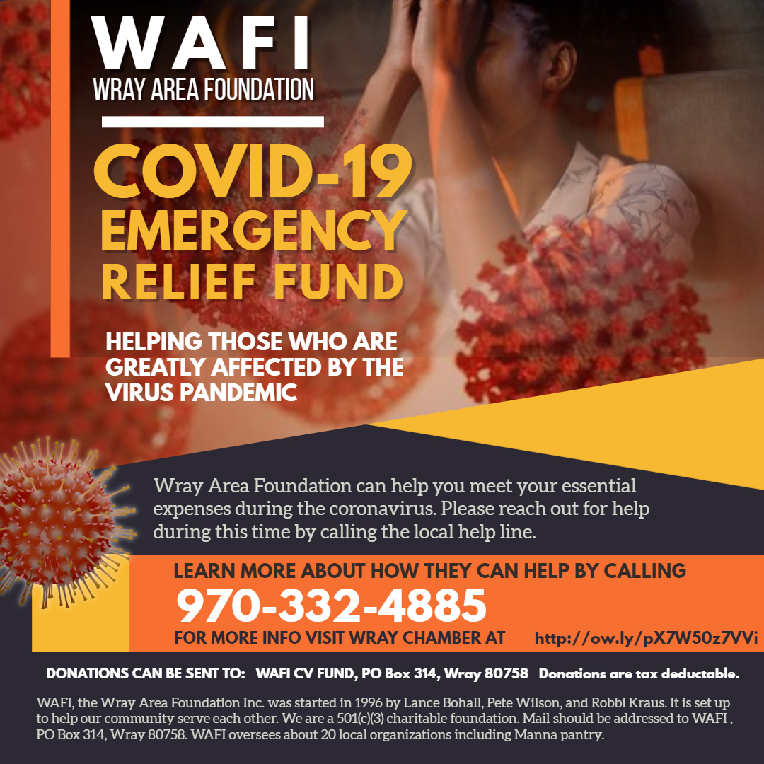 WrayChamber's tweet photo. Let WAFI (Wray Area Foundation Inc.) help you get over the hump on hump day! Please reach out for help. Taking care of your essential bills helps those businesses stay in business! Call 970-332-4885 today! https://t.co/AO1Wknenlc