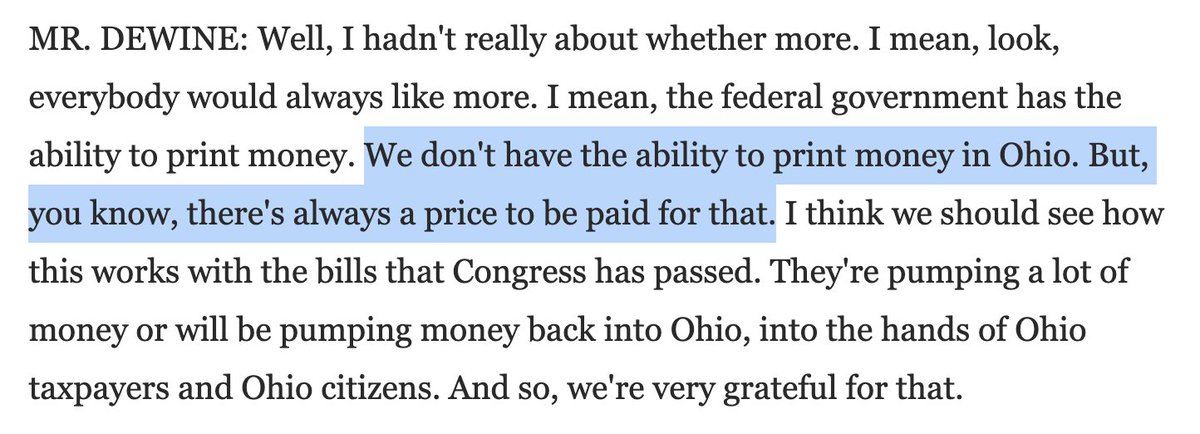 Key takeaways: 1) Three times, DeWine emphasized direct payments to the states, including in response to questions abt something else (eg, payments direct to individuals). That's what Pelosi is fighting for.