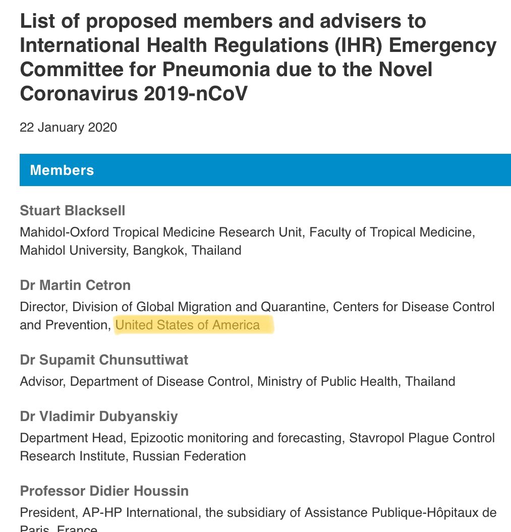 1. The US government had a member on the WHO International Health Regulations (IHR) Emergency Committee for Pneumonia due to the Novel Coronavirus 2019-nCoV which advises the WHO on declaring a Public Health Emergency of International Concern (PHEIC)  https://www.who.int/ihr/procedures/novel-coronavirus-2019/ec-22012020-members/en/