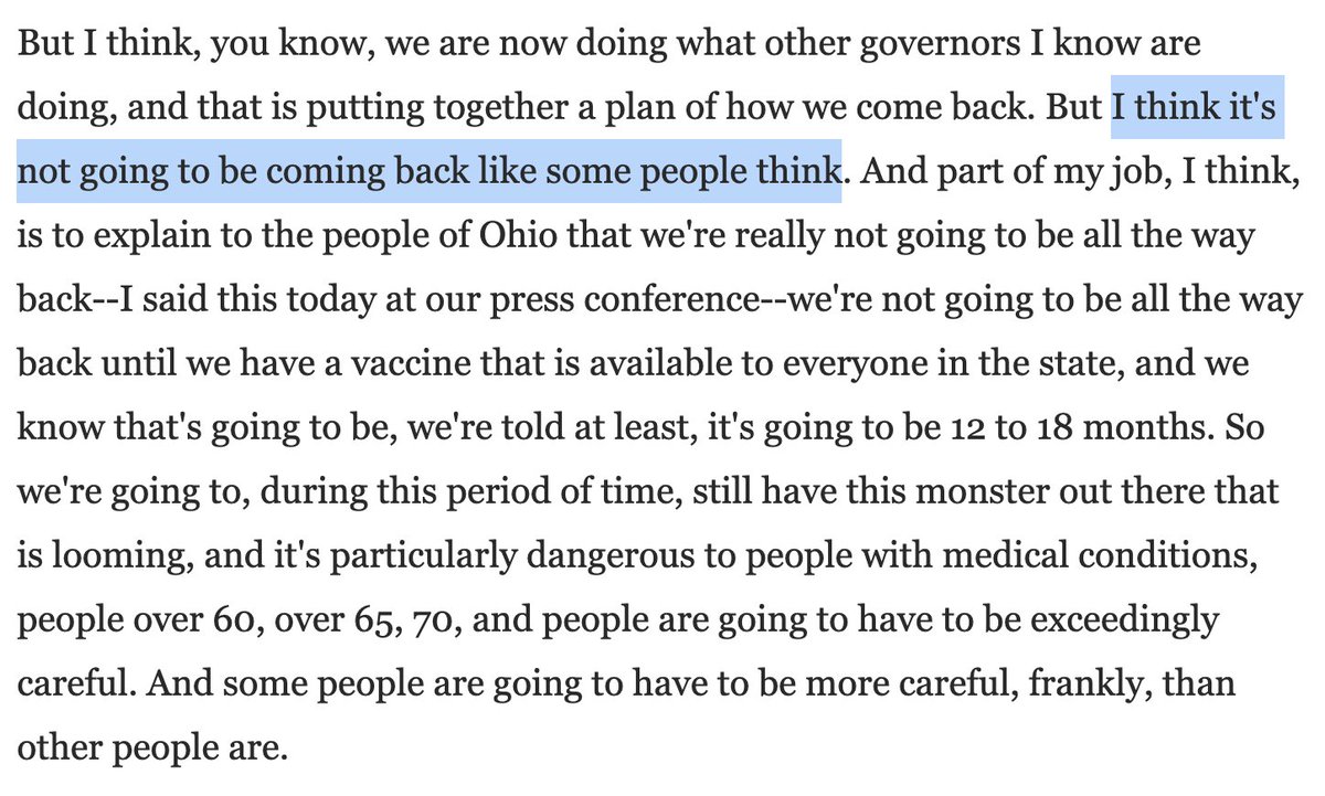 DeWine emphasizes that his plan for reopening OH probably won't work the way people think it will (bc the risk to vulnerable populations will remain). Again, I'd like to know more.