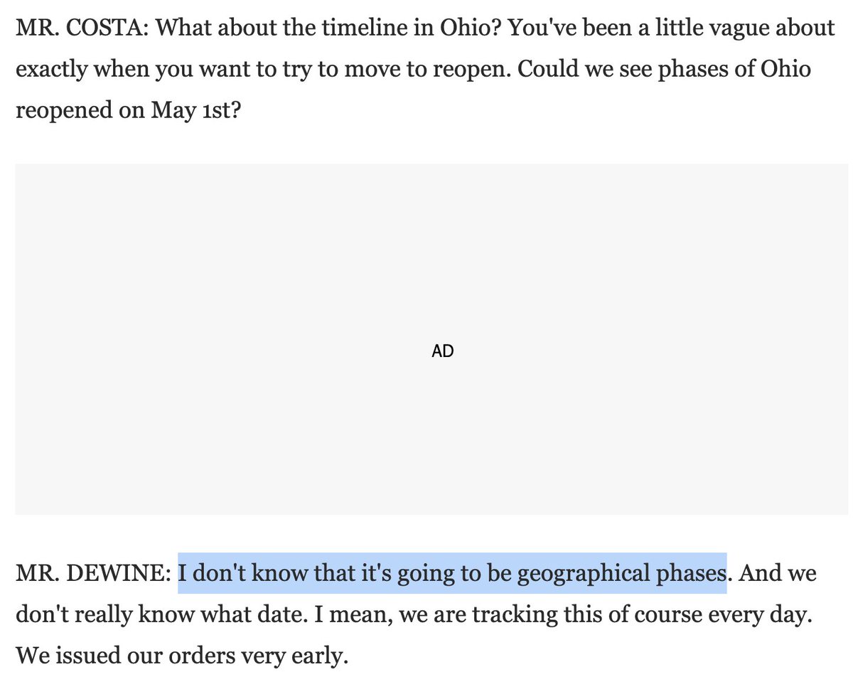 2) DeWine suggests that he's NOT thinking about a geographical phase-in (Trump is pushing a geographical phase-in). I suspect there are really good reasons for this approach, not least an emphasis on retaining critical infrastructure.