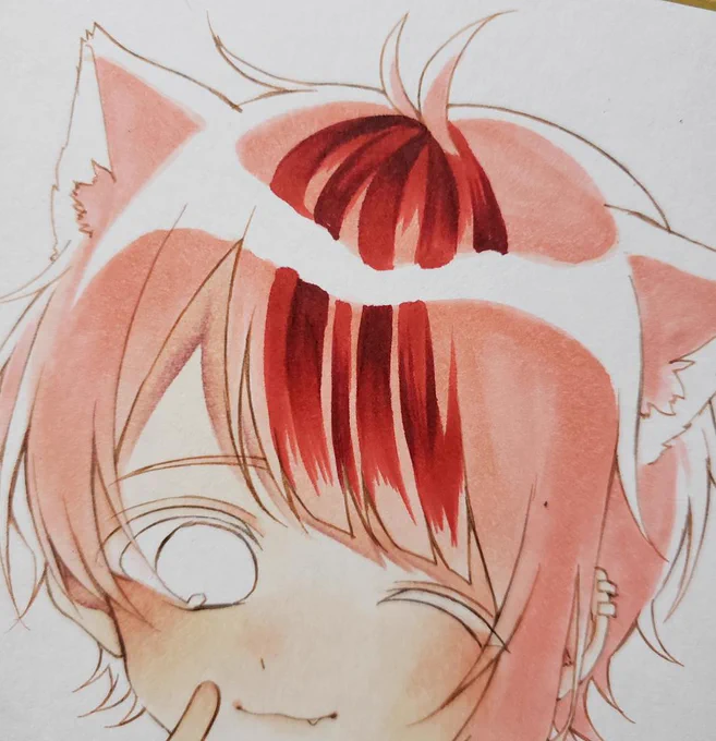 よくコピックでの髪の塗り方を質問されるので!✨
①天使の輪をなんとなく型どる
②塗りつぶす
③一番濃い色から感覚で塗る
④③で塗った所を少し薄い色でグラデーション
⤵︎ ⤵︎ 