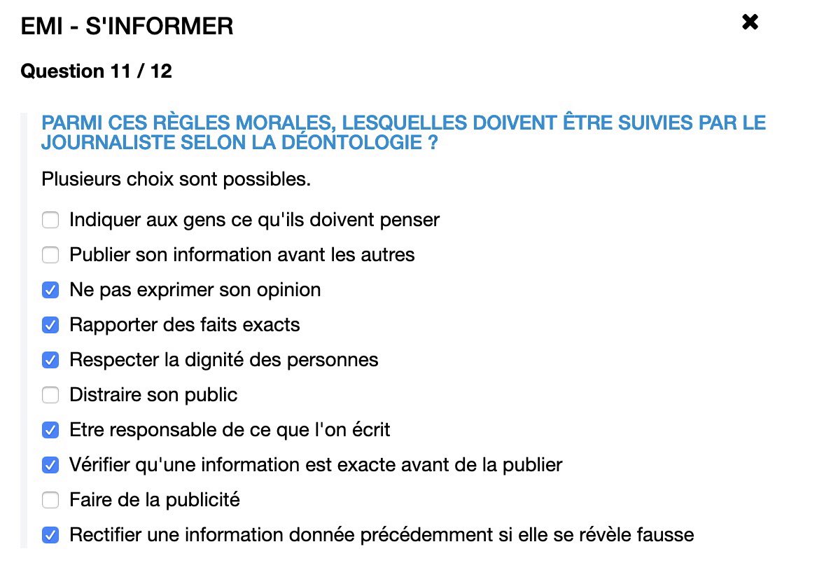 Quelles sont les règles morales que doit suivre un  #journaliste selon la déontologie ? Bon, mon fils a eu les bonnes réponses  mais je crois qu’on va revenir sur certaines d’entre elles plus tard avec des exemples qui posent question. J’imagine que vous avez des ex en tête 15/