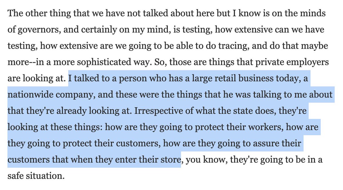 3) Unsurprisingly, DeWine talks about governors' need to have extensive testing. But he also talks abt a convo he had w/"a large retail business," which sounds a lot like Kroger (HQed in Cinci). That person, too, is thinking abt testing regimes.