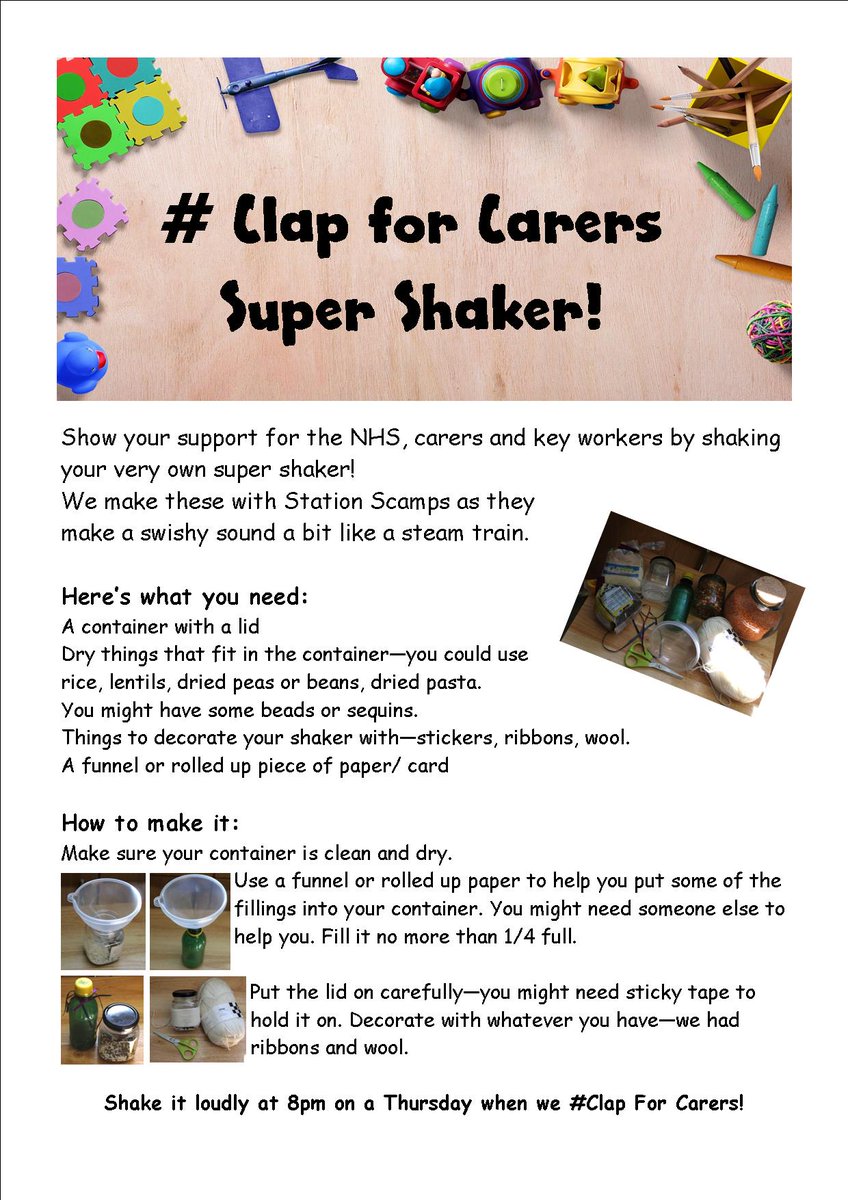 hopetowndarl's tweet photo. Show your support for the NHS, carers and key workers by shaking your very own super shaker!
We make these with Station Scamps as they make a swishy sound a bit like a steam train.
Reuse items from your recycling. #ClapForCarers #Creativeafternoons https://t.co/ZjKp5Sywzv