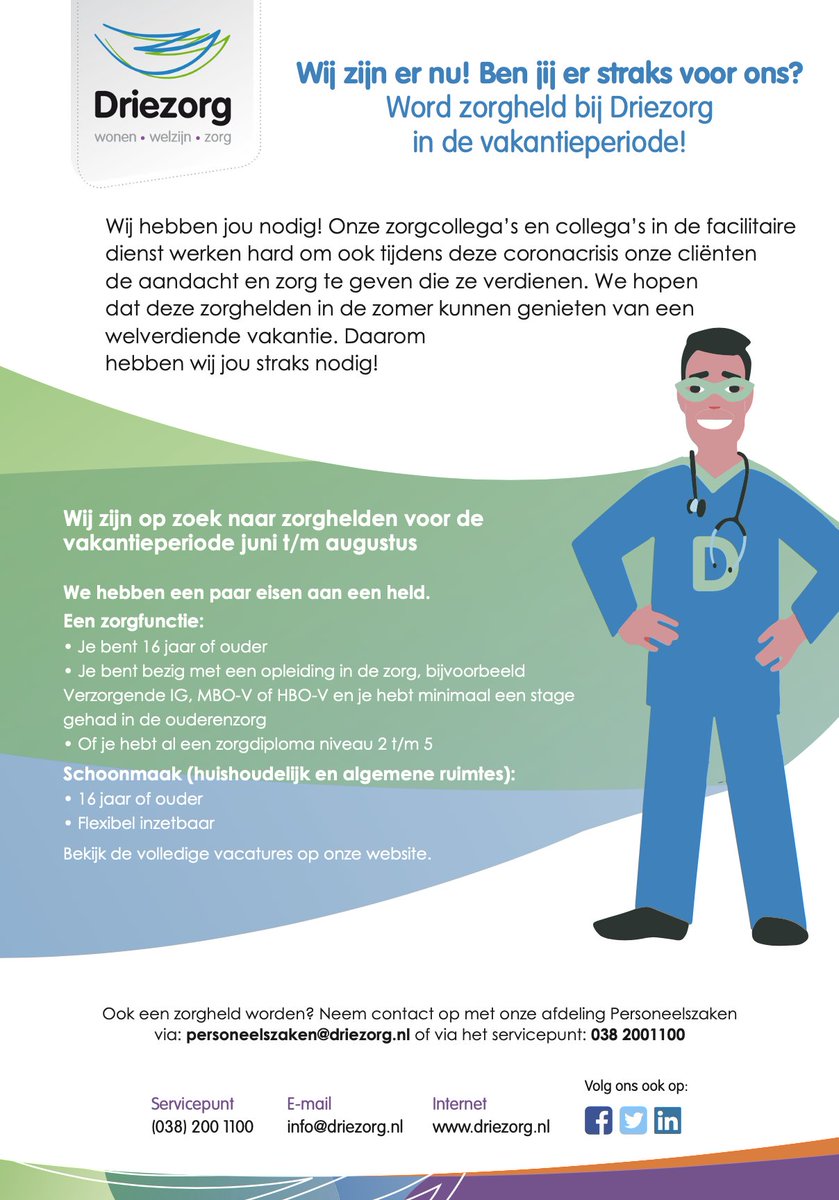 driezorg's tweet photo. Op zoek naar vakantiewerk? Wij hebben jou nodig!

Onze collega’s werken hard  tijdens deze coronacrisis, we hopen dat deze #zorghelden in de zomer kunnen genieten van vakantie. Bekijk de #vakantiewerk #vacatures  
https://t.co/FV1PAitbLw

#driezorg https://t.co/3rshA4MiMt