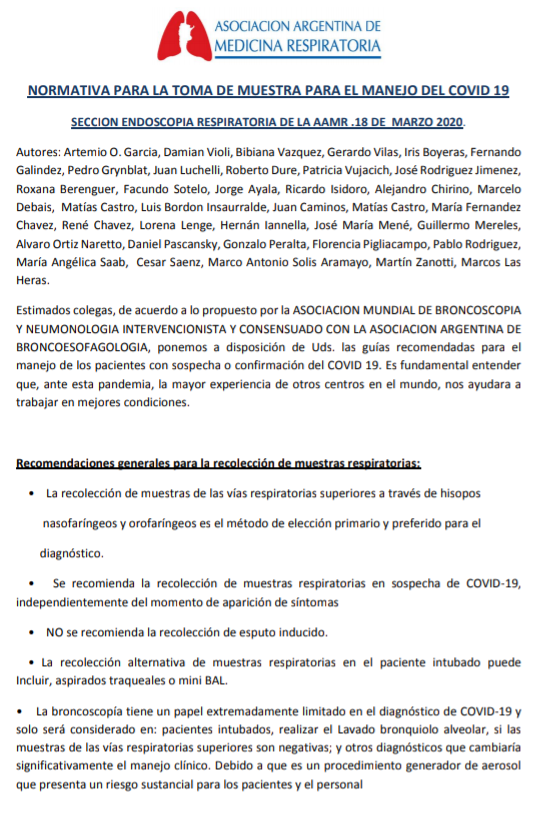 griensu's tweet photo. Recomendaciones de la Asociación Argentina de Medicina Respiratoria para la toma de muestras durante la pandemia por COVID 19. #covid19 #broncoscopia #fujifilmendoscopy https://t.co/AdED0ytEgi