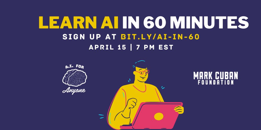 haroonchoudery's tweet image. Learn the basics of AI tonight with @aiforanyone and @mcuban Foundation. Over 50,000 people registered. Register at bit.ly/ai-in-60