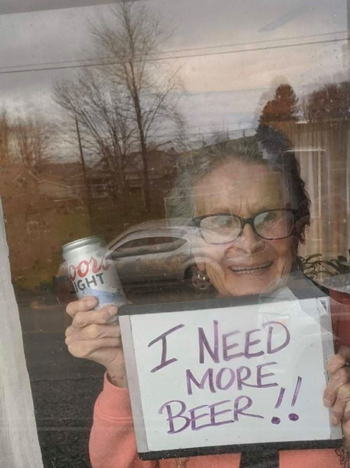 Indie88Toronto's tweet photo. 93-year-old Olive Veronesi held up an “I NEED MORE BEER!!” sign and Coors Light dropped off 150 cans! Our hearts are so warm. -@CarlinBurton https://t.co/oWW9mhvatw