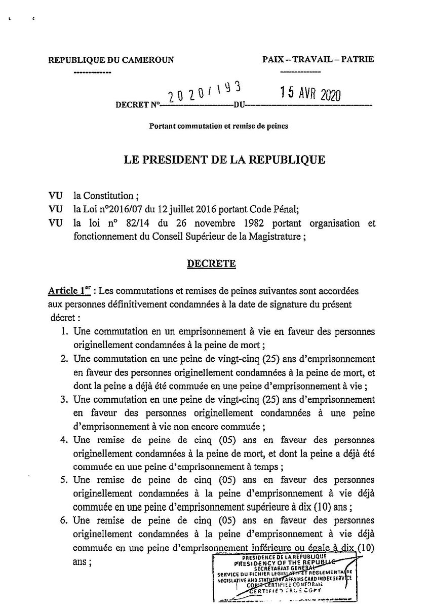 PR_Paul_BIYA's tweet photo. Décret portant commutation et remise de peines à certains prisonniers.
#PaulBiya
#Cameroun https://t.co/erSSNMy0Ho