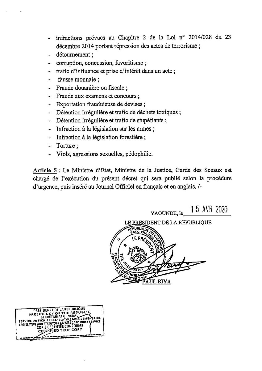 PR_Paul_BIYA's tweet photo. Décret portant commutation et remise de peines à certains prisonniers.
#PaulBiya
#Cameroun https://t.co/erSSNMy0Ho